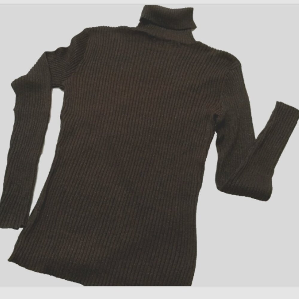 Tahari Women Size P Turtleneck Sweater Dark Brown Sparkle Ribbed Knit 97% Silk